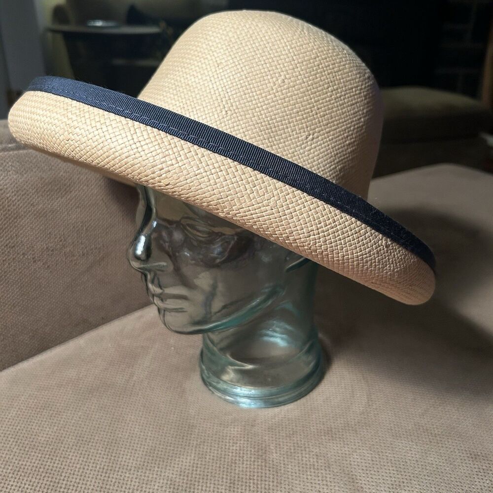 Nordstrom Made In Italy Straw Bowler Style Sun Hat Sunhat w/ Trim 90s Vintage
